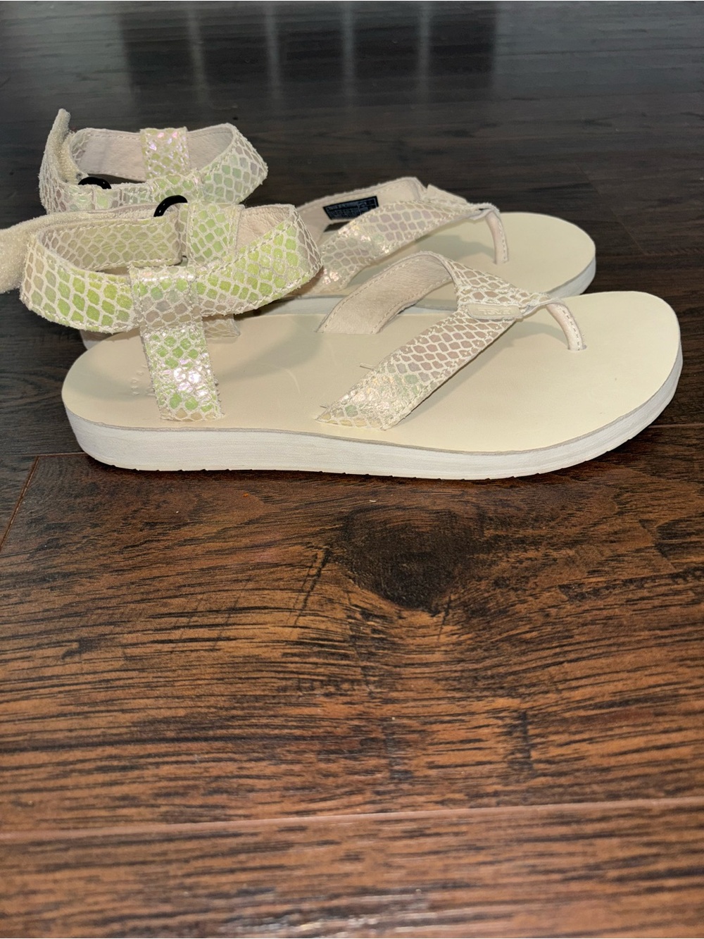 Teva Women’s Iridescent Cream and Light Green Snake-Print Strap Sandals